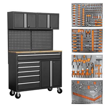 George Tools Budget Mobile Werkbank 122 cm Rubberwood schwarz - bestückt 158-teilig